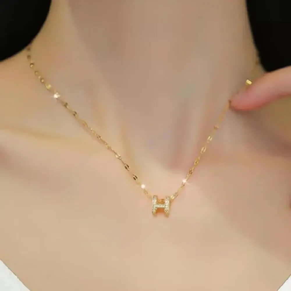 18K Gold Plated “H” Pave Rhinestone Pendant Necklace